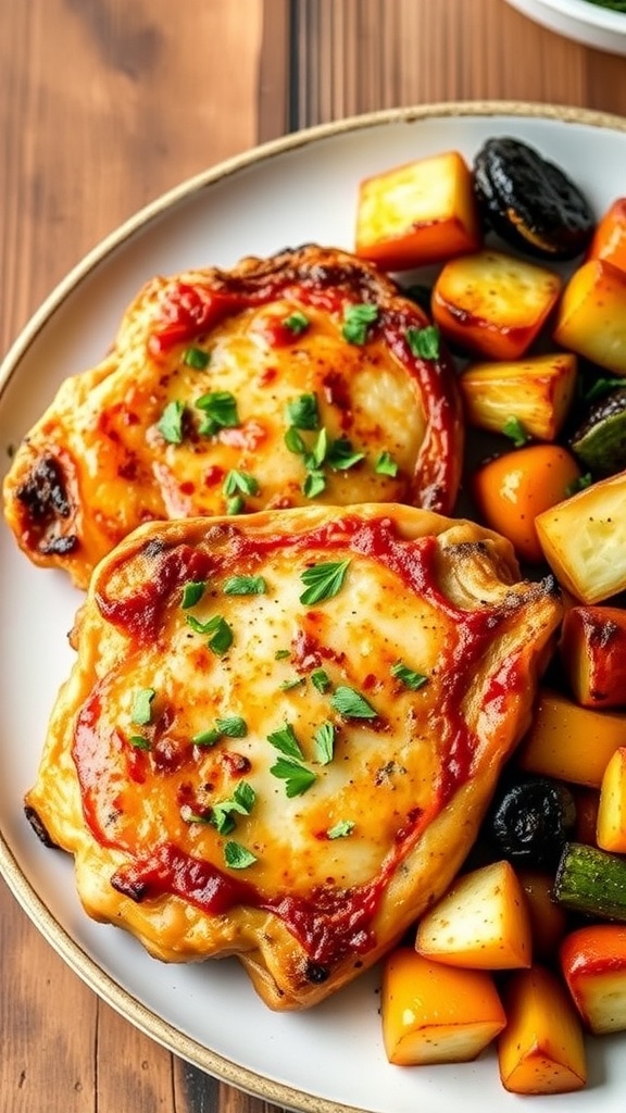 Air Fryer Boneless Pork Chops Cooking Guide Golden brown air fryer boneless pork chops garnished with herbs, served with roasted vegetables.